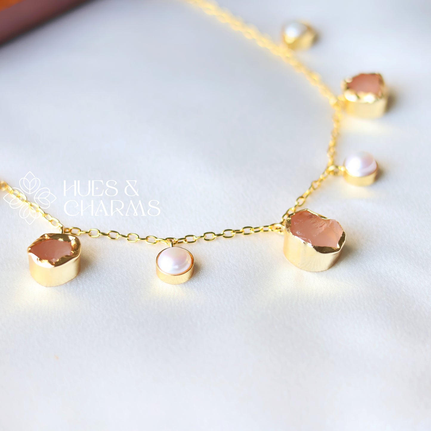 RAW STONE WITH PEARL DROPS NECKPIECE- ROSE QUARTZ