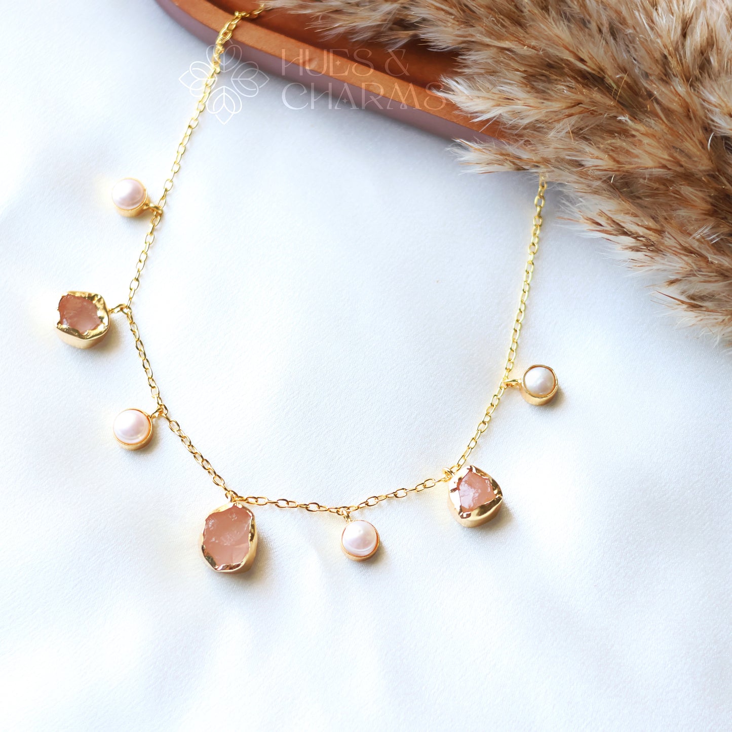 RAW STONE WITH PEARL DROPS NECKPIECE- ROSE QUARTZ