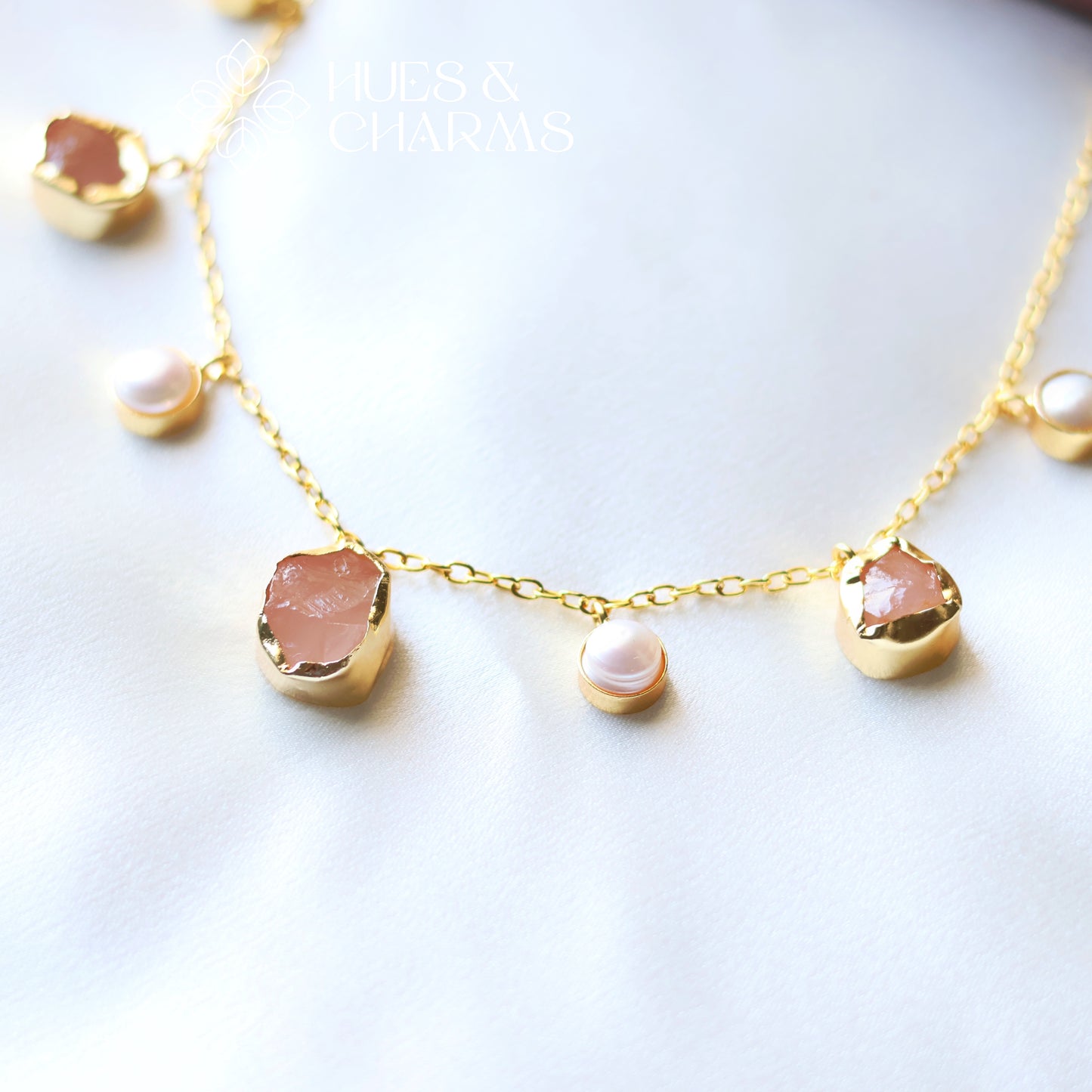 RAW STONE WITH PEARL DROPS NECKPIECE- ROSE QUARTZ