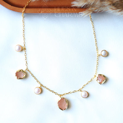 RAW STONE WITH PEARL DROPS NECKPIECE- ROSE QUARTZ