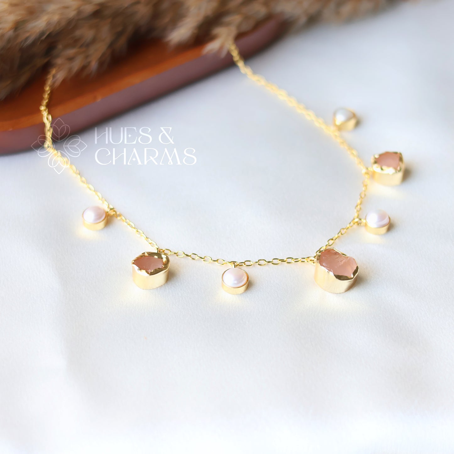 RAW STONE WITH PEARL DROPS NECKPIECE- ROSE QUARTZ