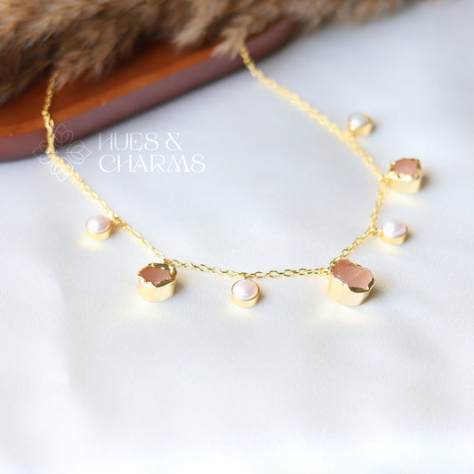 RAW STONE WITH PEARL DROPS NECKPIECE- ROSE QUARTZ