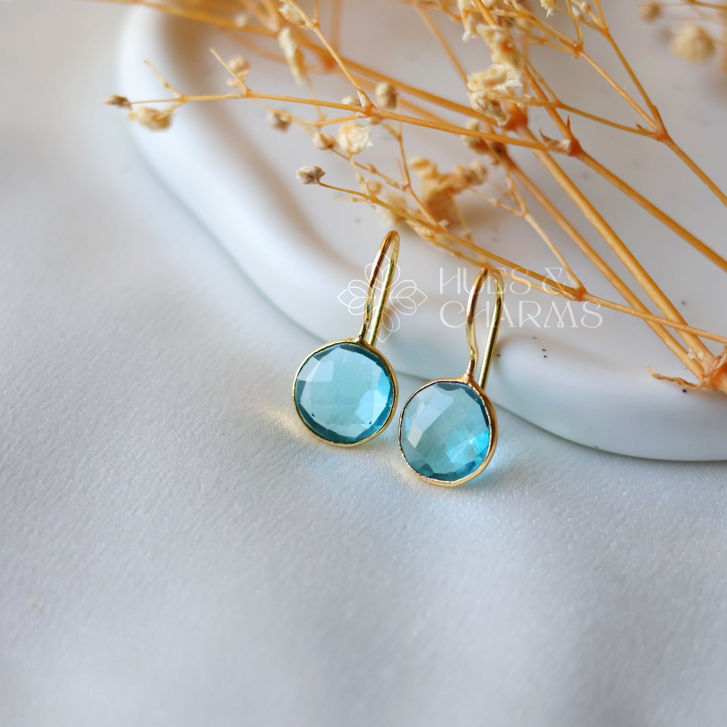 GLOSSY ROUND DROP EARRINGS- OCEAN BLUE