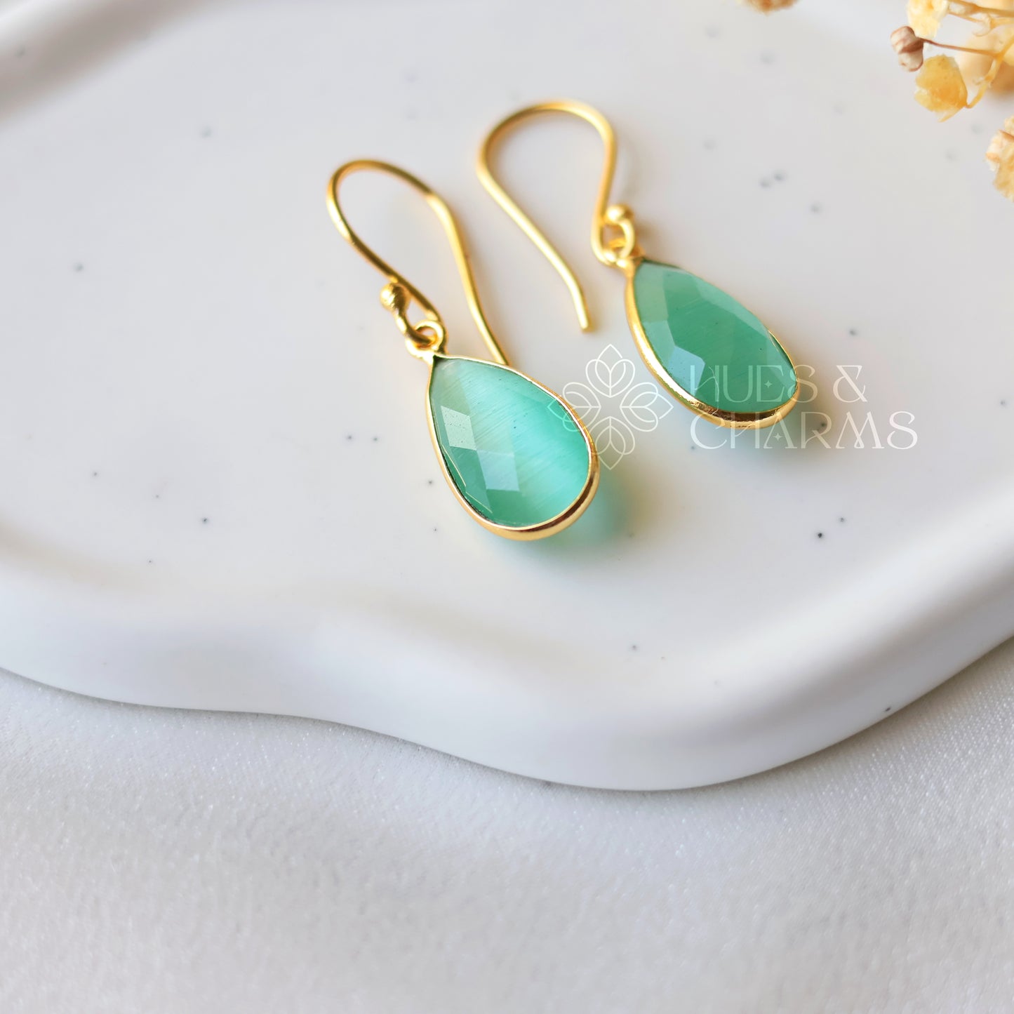 GOLDEN RAIN DROP EARRINGS- OCEAN GREEN