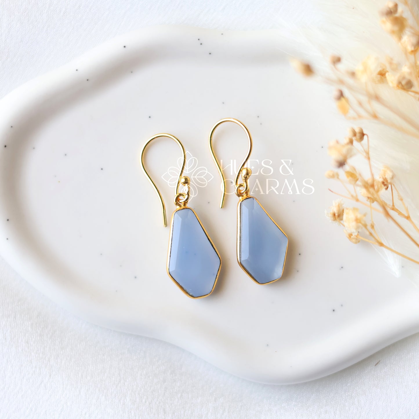 GOLDEN HEXAGON DROP EARRINGS - CLOUDY BLUE