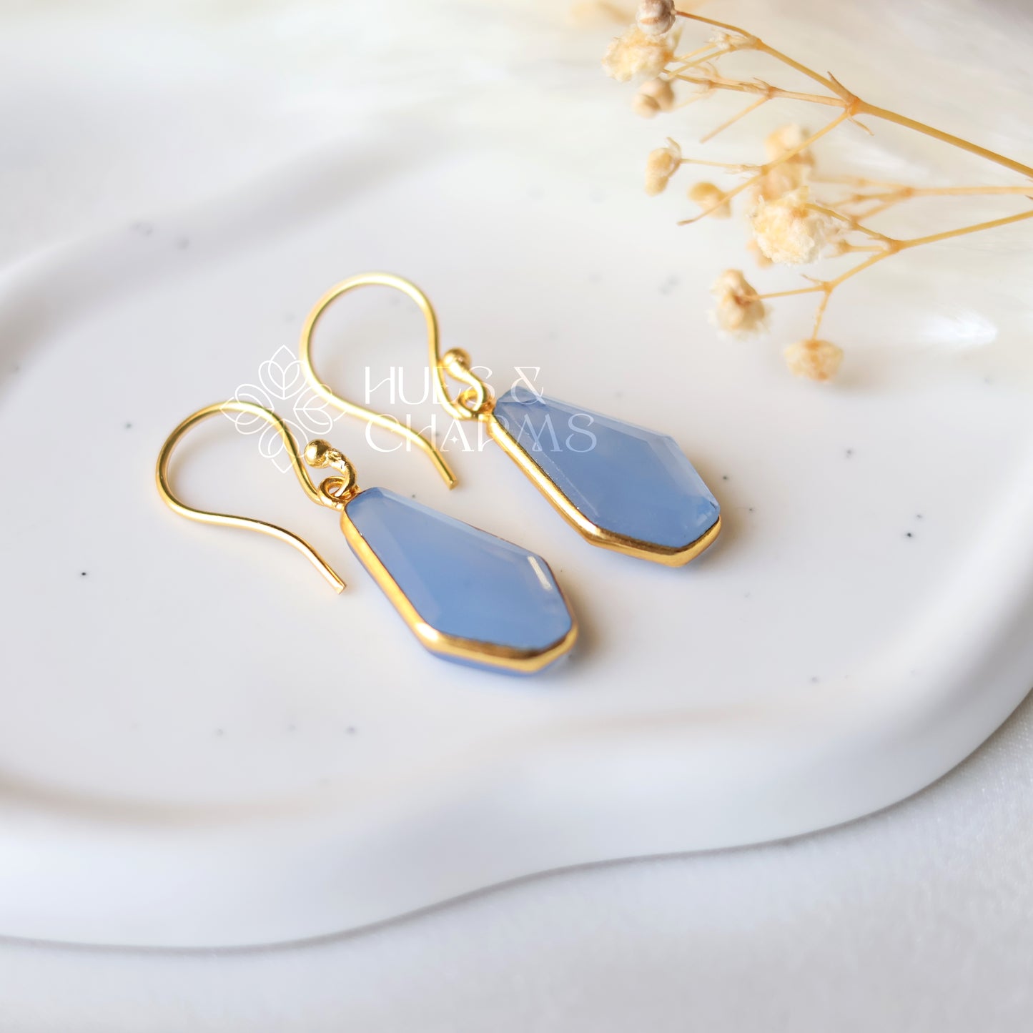 GOLDEN HEXAGON DROP EARRINGS - CLOUDY BLUE