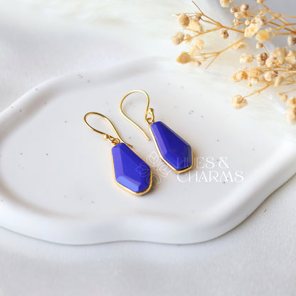 GOLDEN HEXAGON DROP EARRINGS - ROYAL BLUE