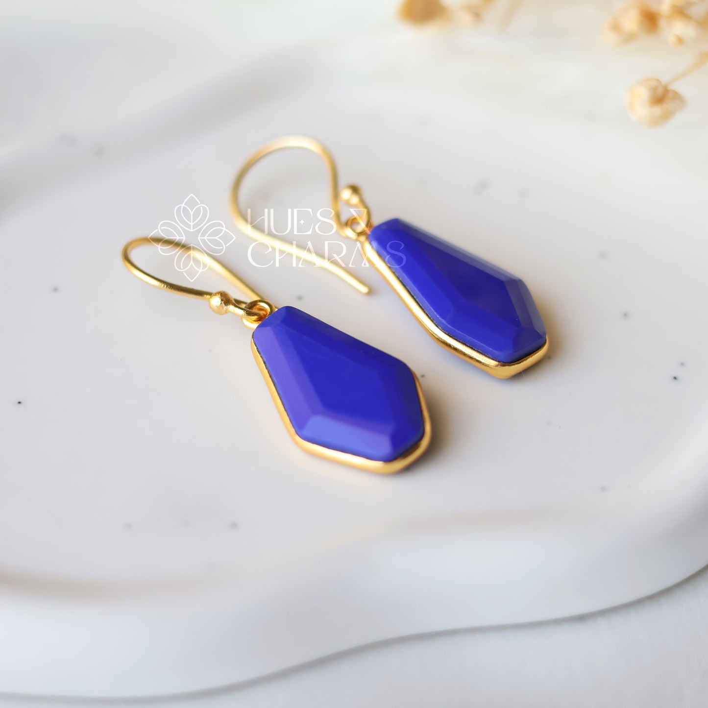 GOLDEN HEXAGON DROP EARRINGS - ROYAL BLUE