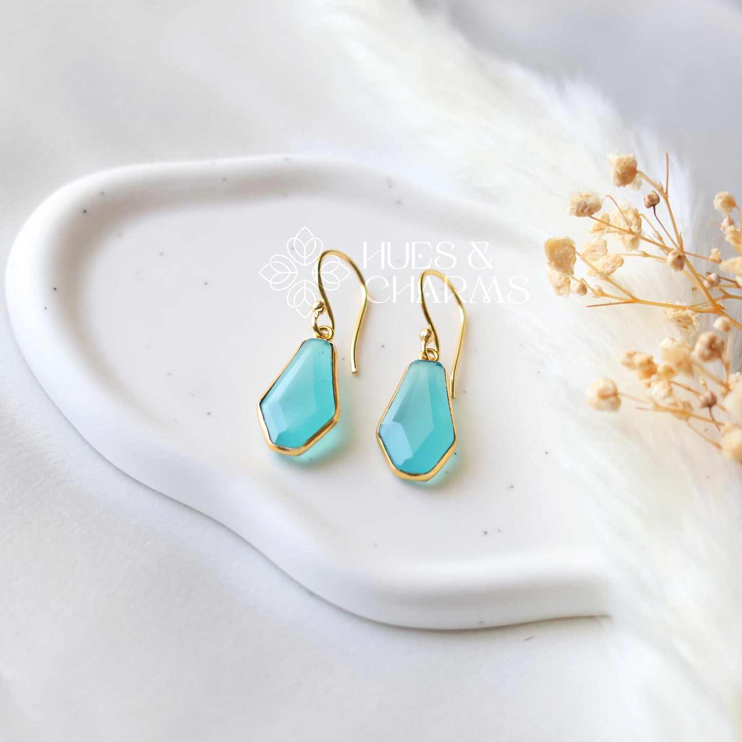 GOLDEN HEXAGON DROP EARRINGS - OCEAN BLUE