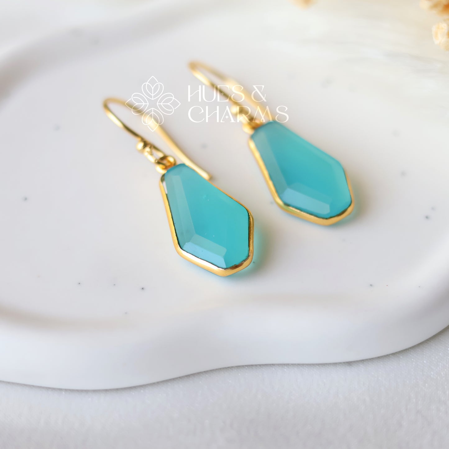 GOLDEN HEXAGON DROP EARRINGS - OCEAN BLUE