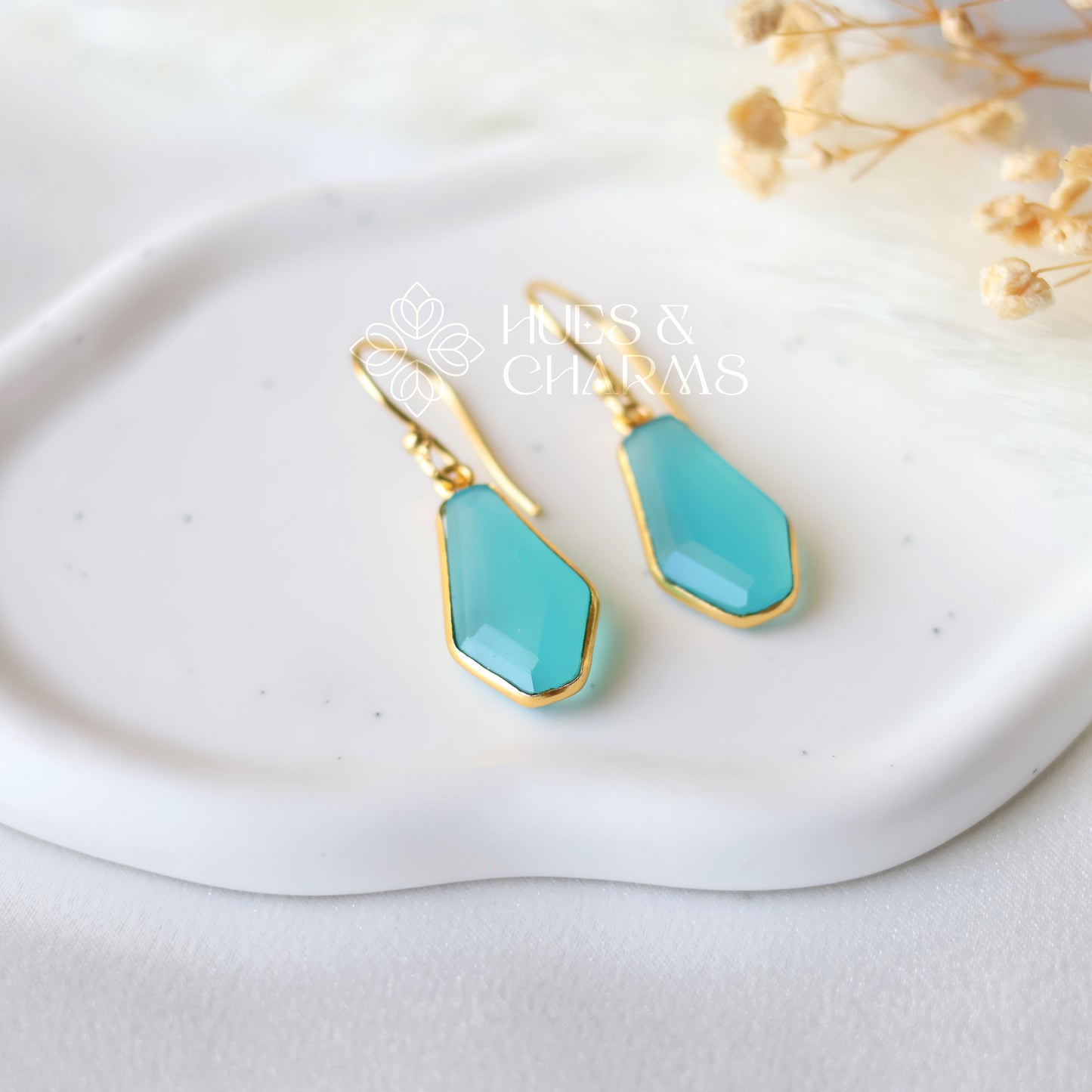 GOLDEN HEXAGON DROP EARRINGS - OCEAN BLUE