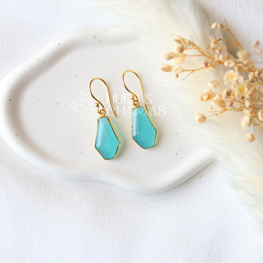 GOLDEN HEXAGON DROP EARRINGS - OCEAN BLUE