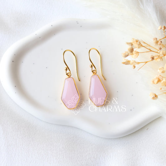 GOLDEN HEXAGON DROP EARRINGS -BABY PINK