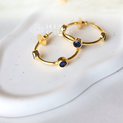 GLOSSY 3 STONE HOOP EARRINGS- BLUE