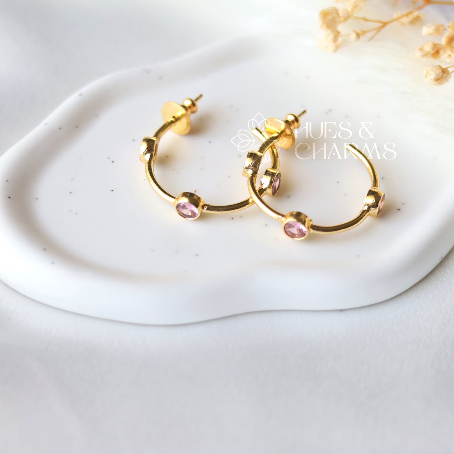 GLOSSY 3 STONE HOOP EARRINGS- PINK