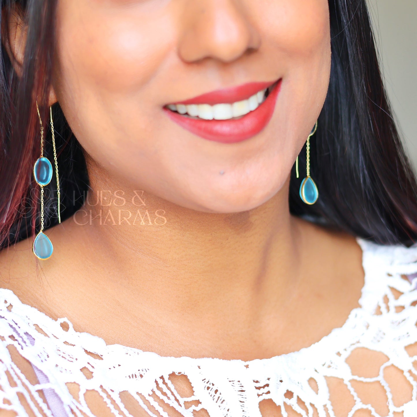 GOLDEN NEEDLE AND THREAD GLOSSY DROP EARRING - SKY BLUE