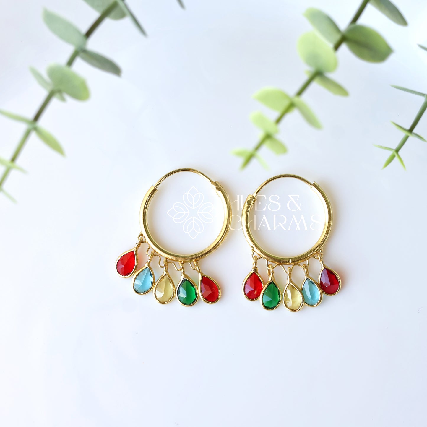 GOLDEN HOOP WITH GLOSSY DROPS- MULTICOLOR