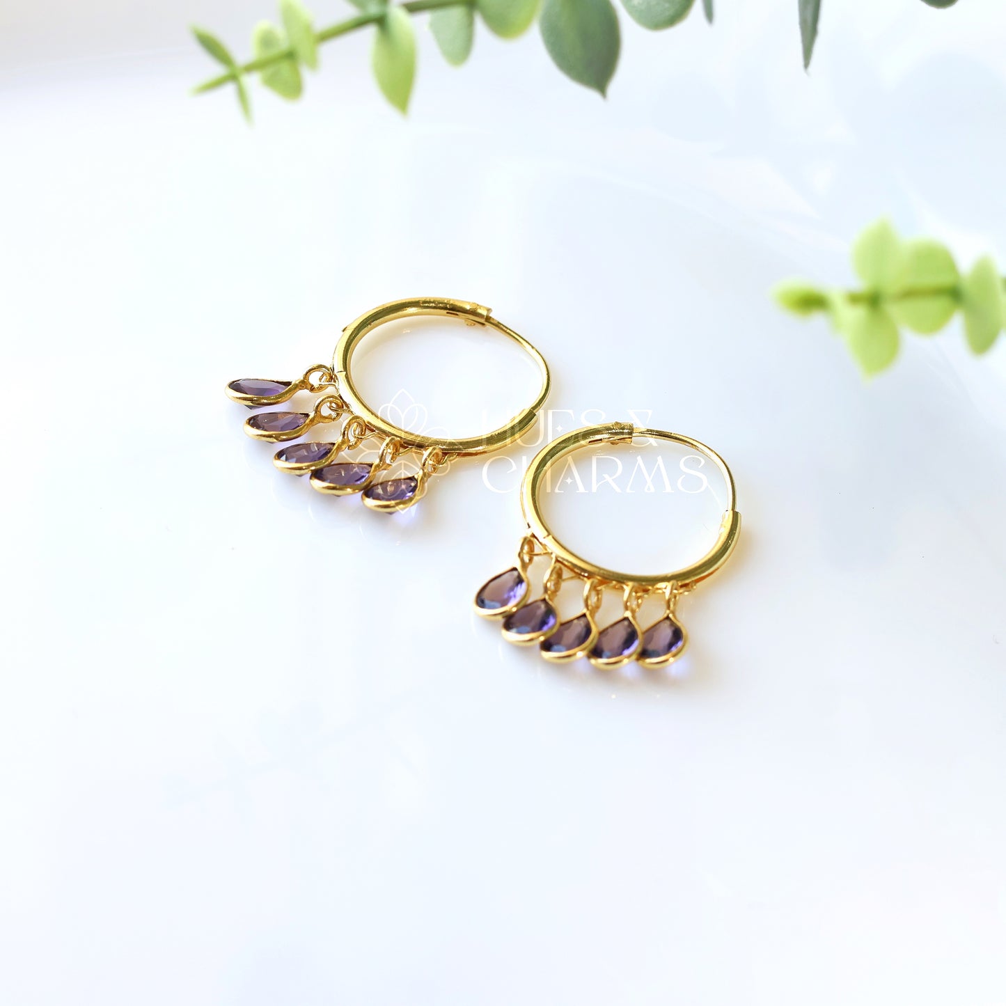 GOLDEN HOOP WITH GLOSSY DROPS- PURPLE