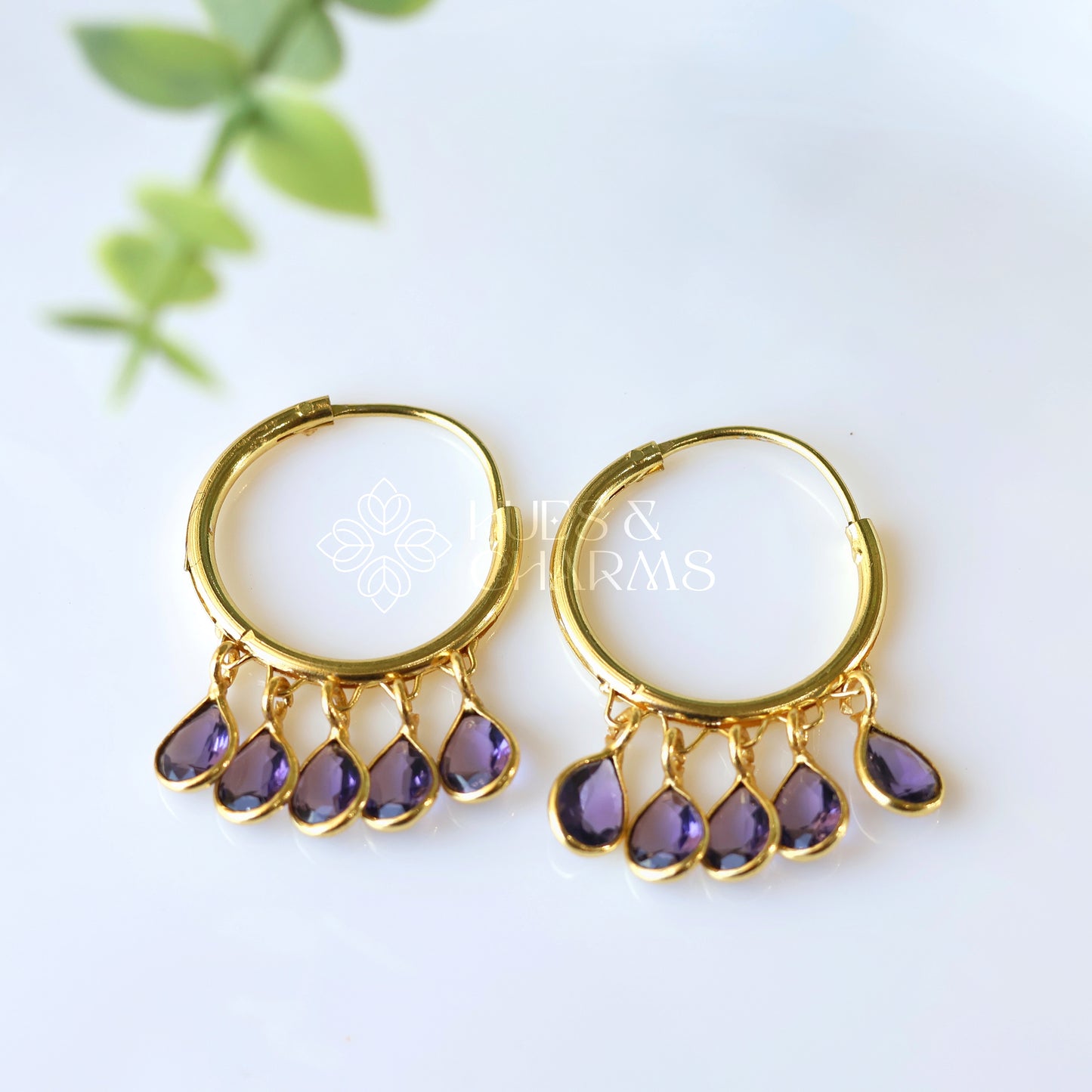 GOLDEN HOOP WITH GLOSSY DROPS- PURPLE