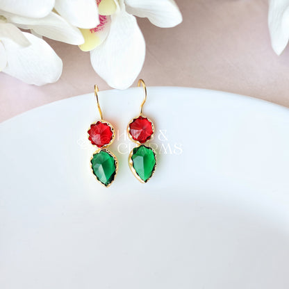 GLOSSY ROUND AND RAIN DROP EARRINGS- RED & GREEN