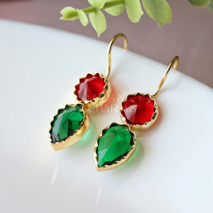 GLOSSY ROUND AND RAIN DROP EARRINGS- RED & GREEN