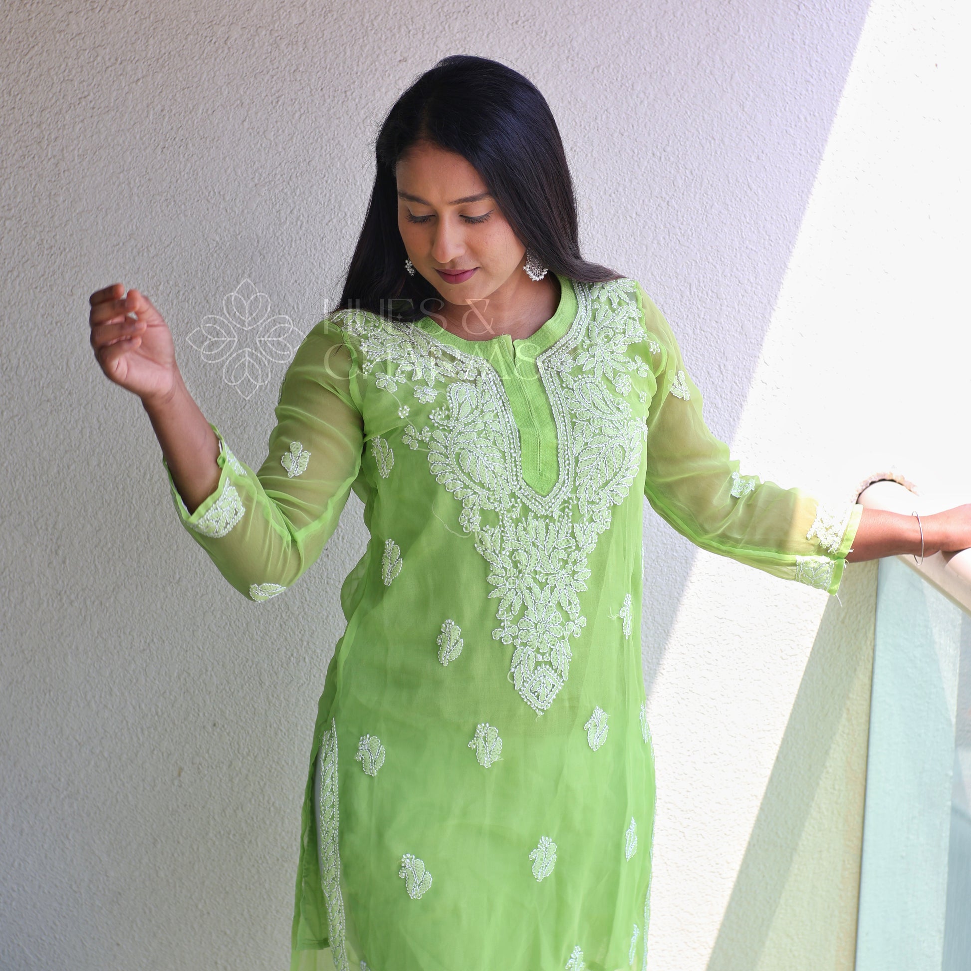 Chikankari Georgette Kurti - Parrot Green Hues and Charms Chikankari Georgette Kurti - Parrot Green Hues and Charms