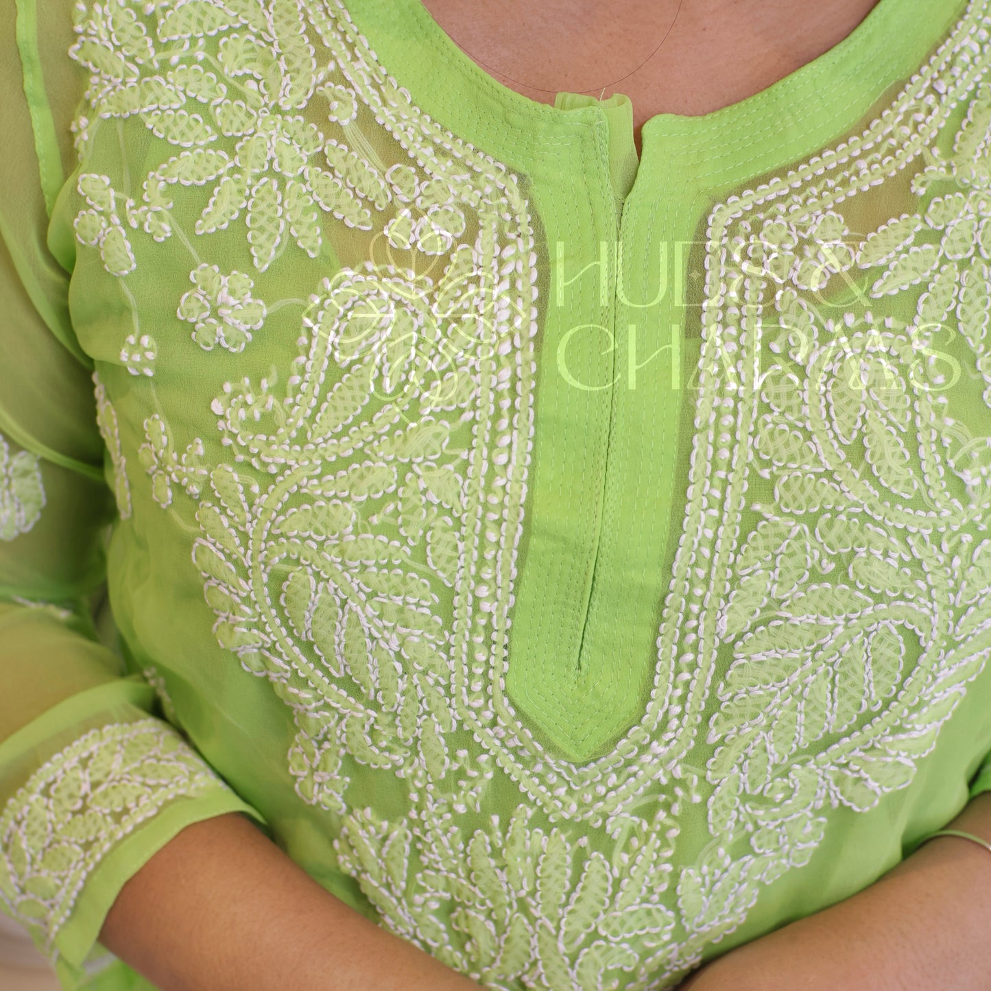 Chikankari Georgette Kurti - Parrot Green