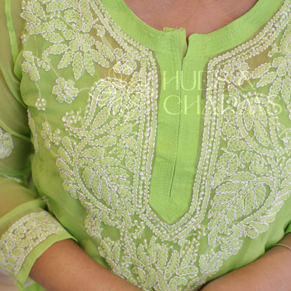 Chikankari Georgette Kurti - Parrot Green