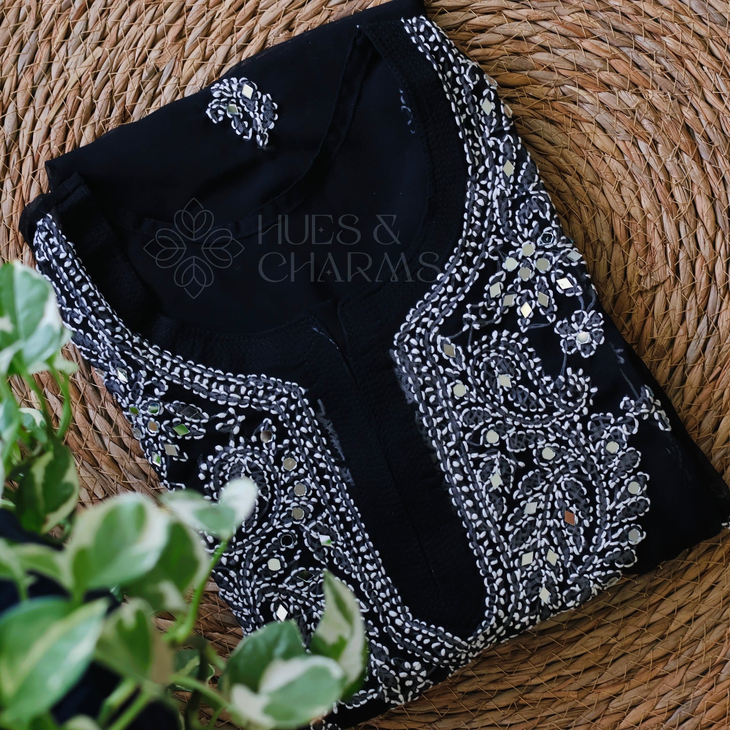 Chikankari Georgette Kurti With Mirrors- Black