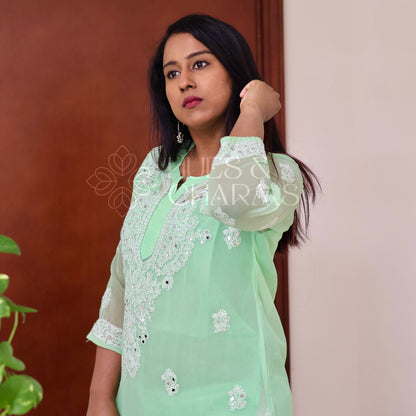 Chikankari Georgette Kurti With Mirrors - Mint Green