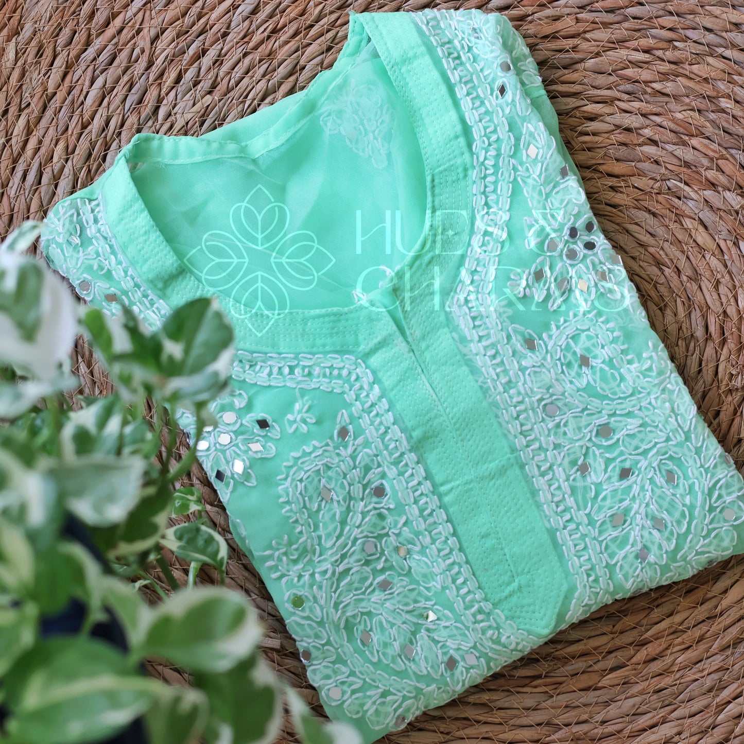 Chikankari Georgette Kurti With Mirrors - Mint Green