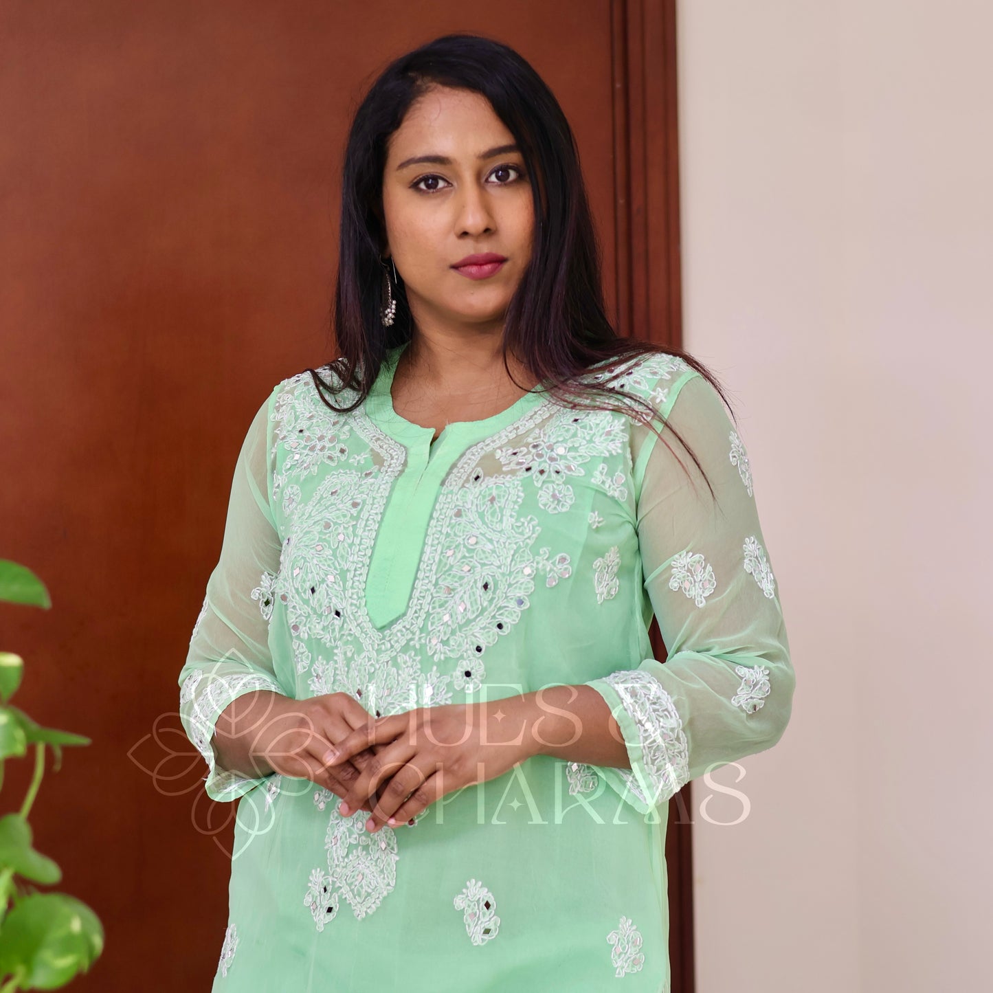 Chikankari Georgette Kurti With Mirrors - Mint Green