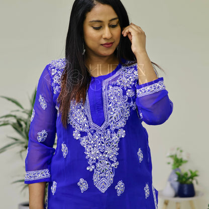 Chikankari Georgette Kurti With Mirrors- Indigo Blue