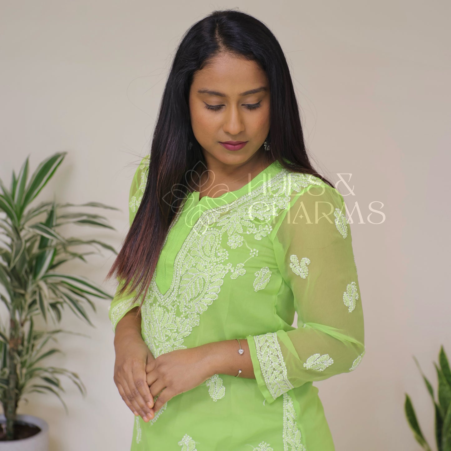 Chikankari Georgette Kurti - Parrot Green