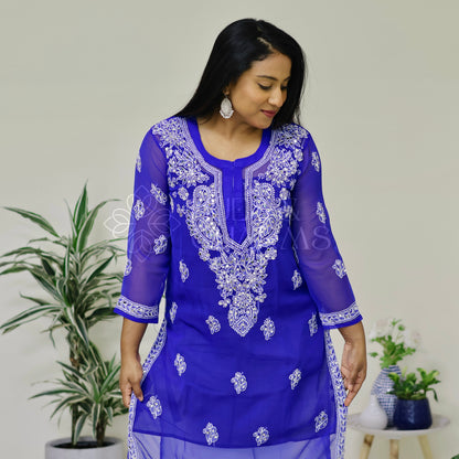 Chikankari Georgette Kurti With Mirrors- Indigo Blue