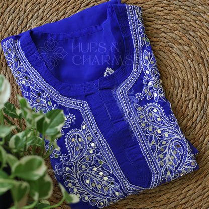 Chikankari Georgette Kurti With Mirrors- Indigo Blue