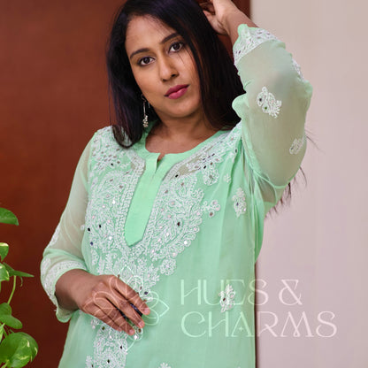 Chikankari Georgette Kurti With Mirrors - Mint Green