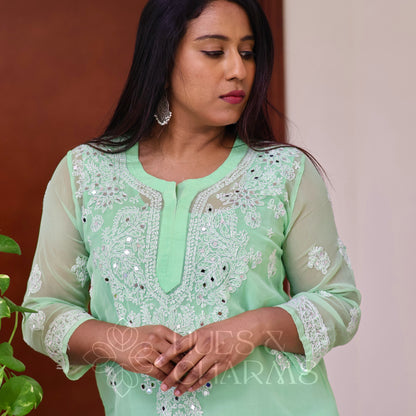 Chikankari Georgette Kurti With Mirrors - Mint Green