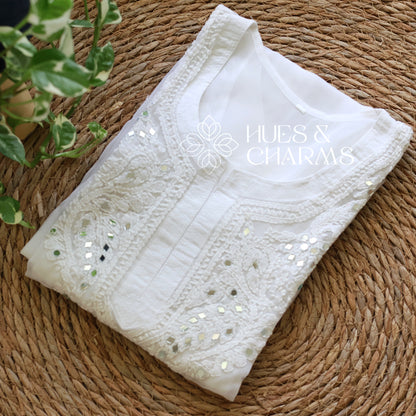 Chikankari Georgette Kurti With Mirrors- White