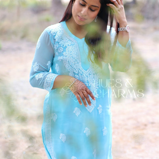 Chikankari Georgette Kurti - Powder Blue