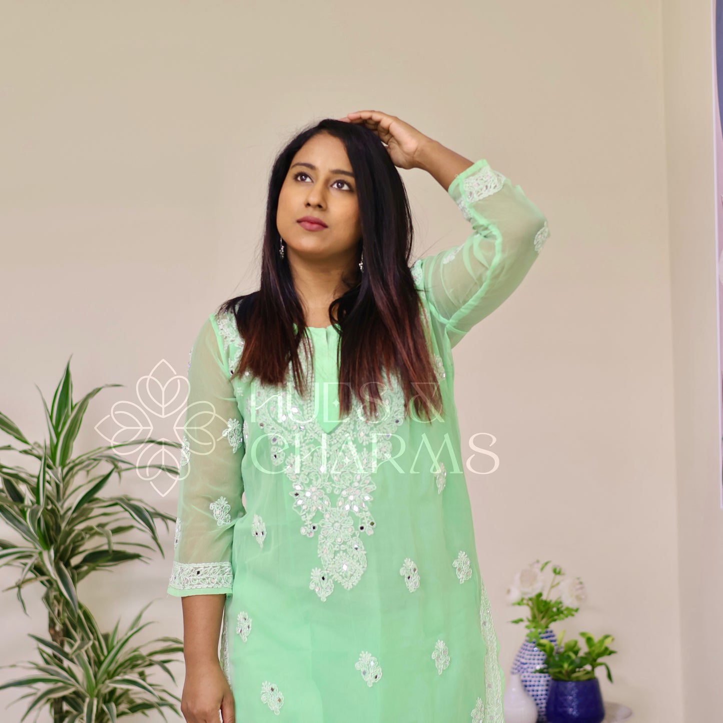 Chikankari Georgette Kurti With Mirrors - Mint Green