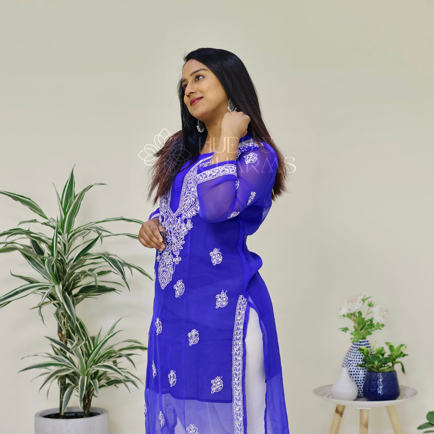 Chikankari Georgette Kurti With Mirrors- Indigo Blue