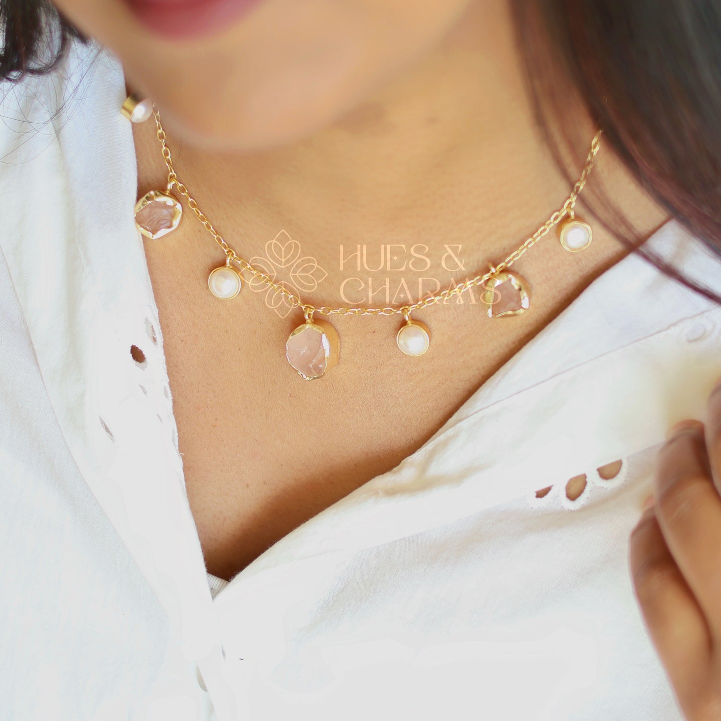 RAW STONE WITH PEARL DROPS NECKPIECE- ROSE QUARTZ