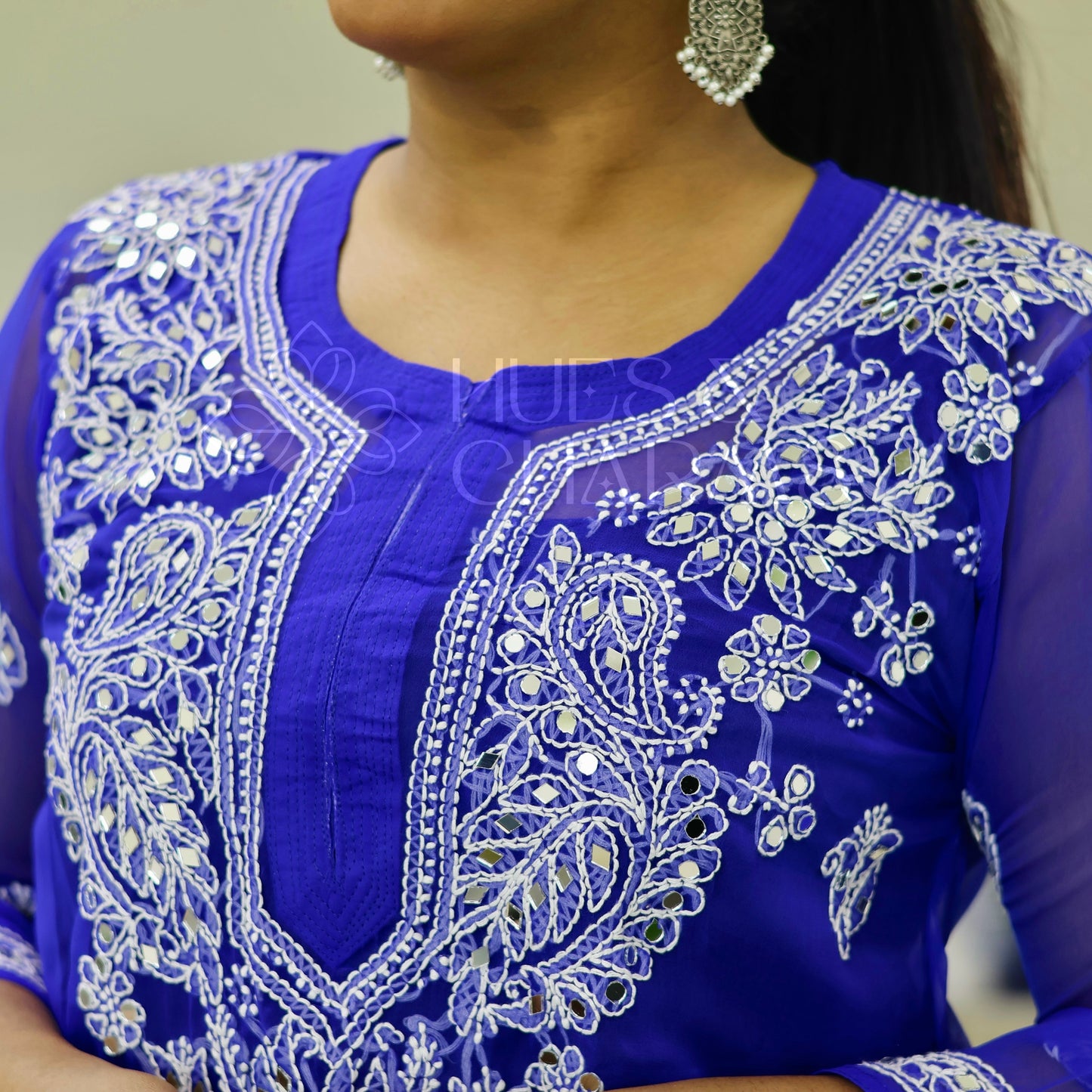 Chikankari Georgette Kurti With Mirrors- Indigo Blue