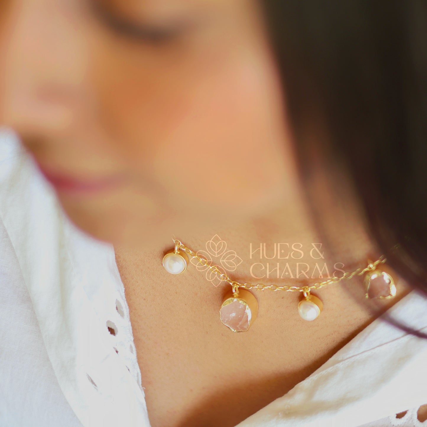 RAW STONE WITH PEARL DROPS NECKPIECE- ROSE QUARTZ