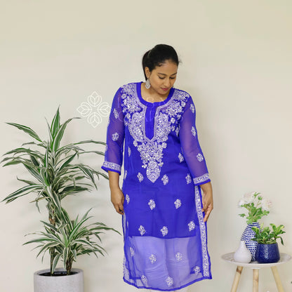 Chikankari Georgette Kurti With Mirrors- Indigo Blue