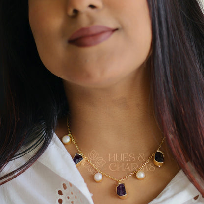 RAW STONE WITH PEARL DROPS NECKPIECE- AMETHYST