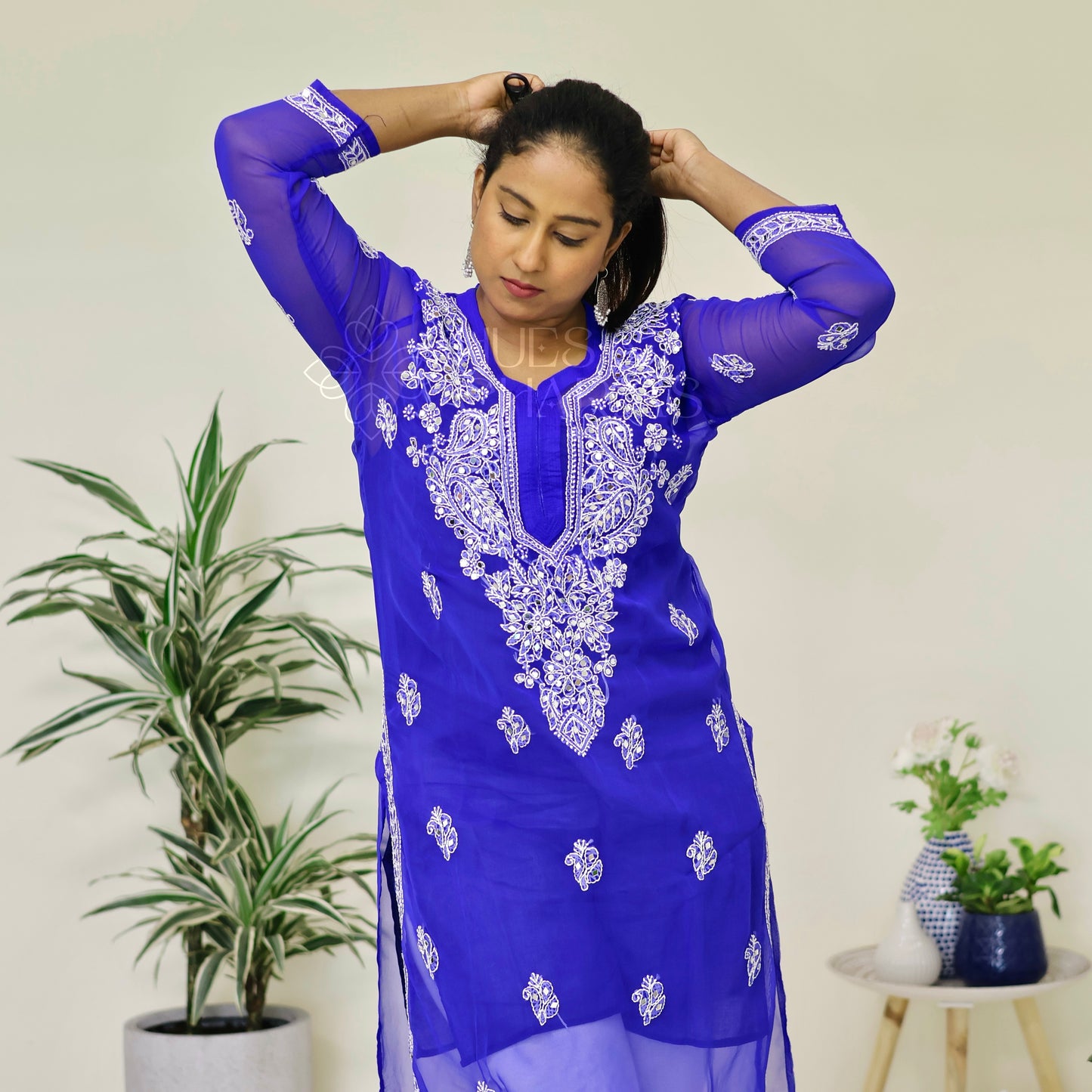 Chikankari Georgette Kurti With Mirrors- Indigo Blue