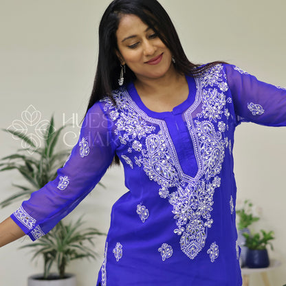 Chikankari Georgette Kurti With Mirrors- Indigo Blue