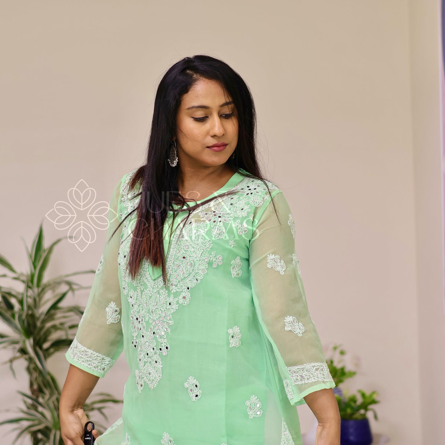 Chikankari Georgette Kurti With Mirrors - Mint Green